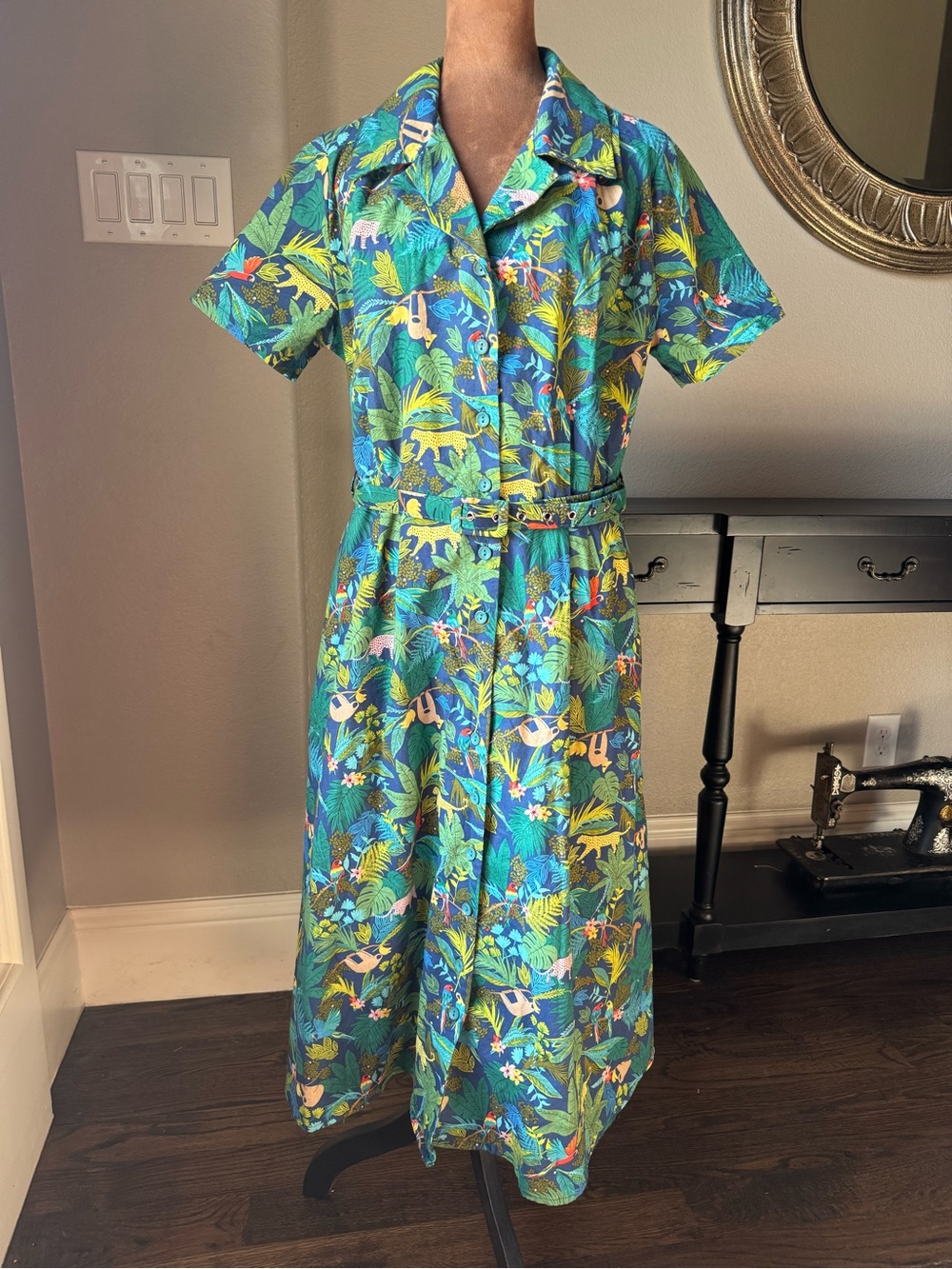 Royal Monk Tropical Jungle Print Shirt Dress Sloth Leopard Parrot Cotton L Pinup